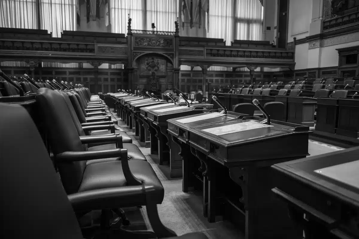 Debata polityczna w parlamencie z politykami dyskutującymi na podium