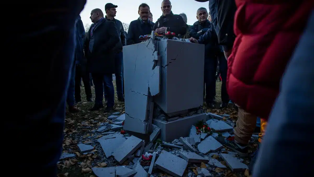 Reakcja i żądania Ambasady — Ambasada wezwała polskie władze do niezwłocznego podjęcia działań procesowych, ustalenia wszystkich okoliczności zdarzenia oraz pociągnięcia sprawców do odpowiedzialności. Poprosiła również o zapewnienie przywrócenia zniszczonego miejsca pamięci do należnego stanu.