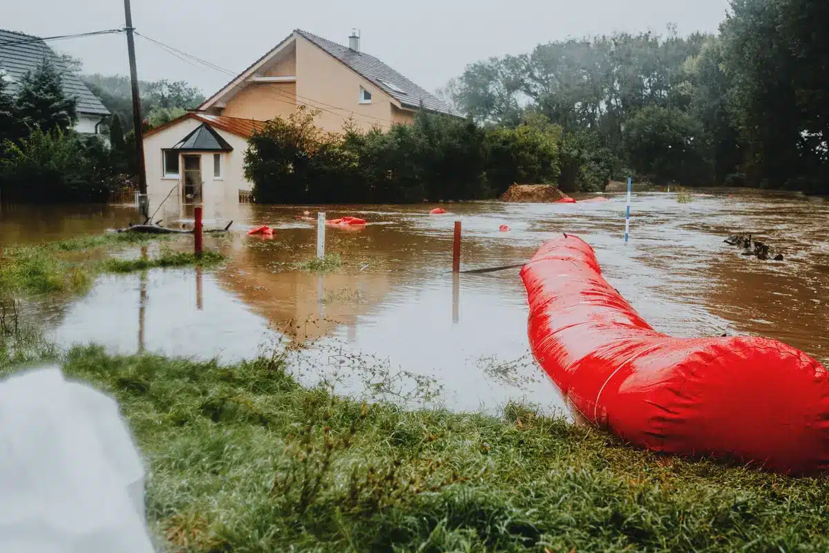 Grupa pielgrzymów w trakcie burzy z ratownikami medycznymi udzielającymi pomocy