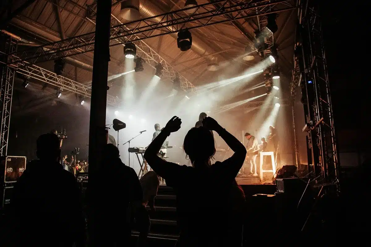 Publiczność na koncercie z uniesionymi rękami, fotografie błysków aparatów, atmosfera podczas występu
